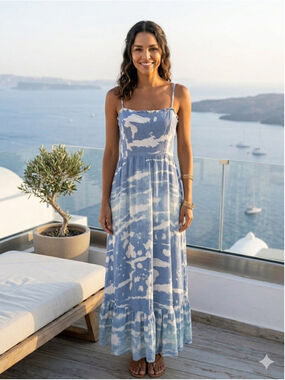 Knox Rose Blue White Cloud Tie Dye Maxi Dress Boho Coastal Resort Ruffle M
